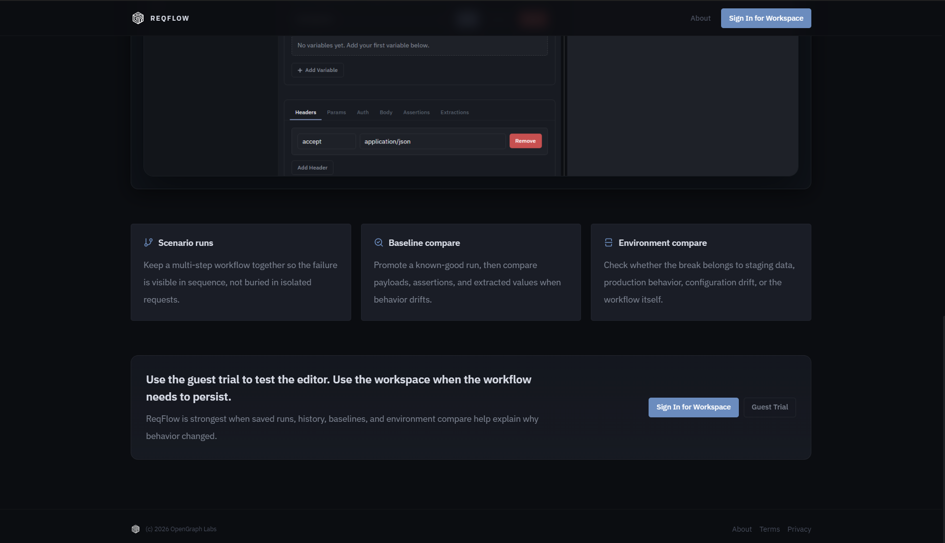 ReqFlow feature overview: Scenario runs, Baseline compare, Environment compare